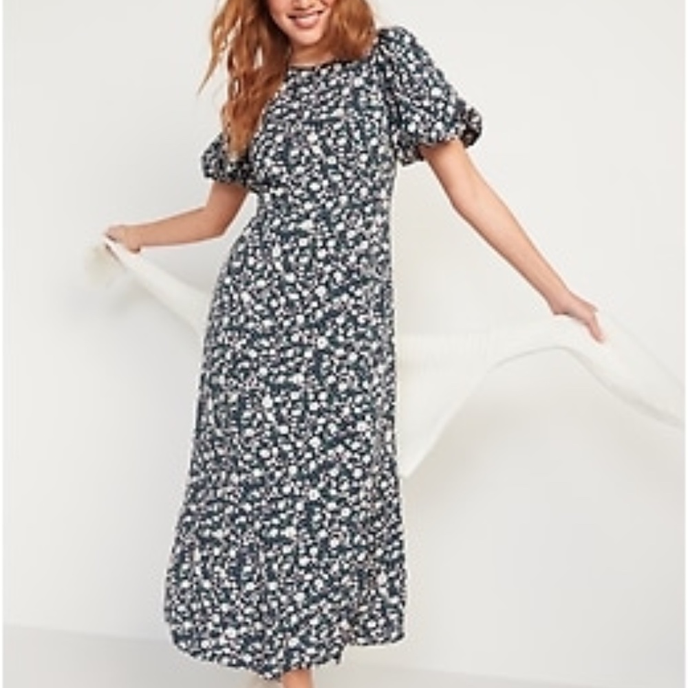 NWT Puff-Sleeve Floral Maxi Shift Dress
